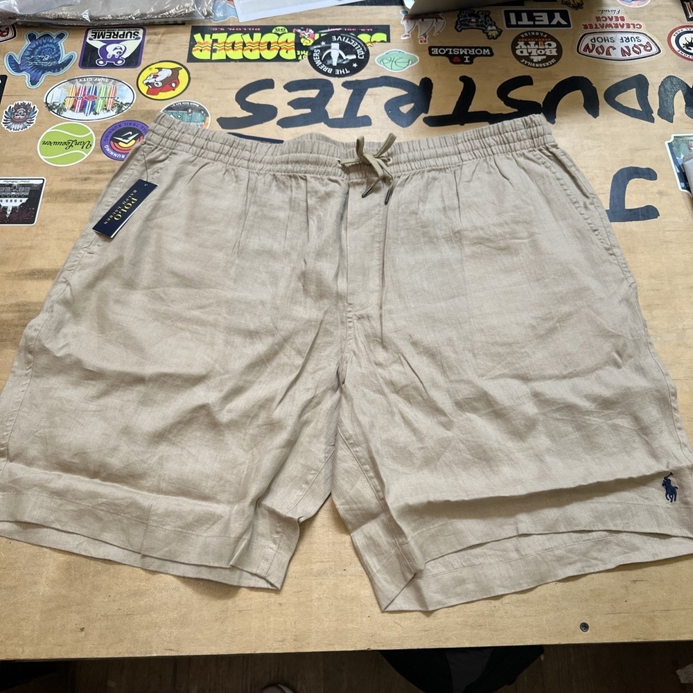 Polo Ralph Lauren Mens Beige 100% Linen Drawstring Classic Shorts NWT Size 5LT